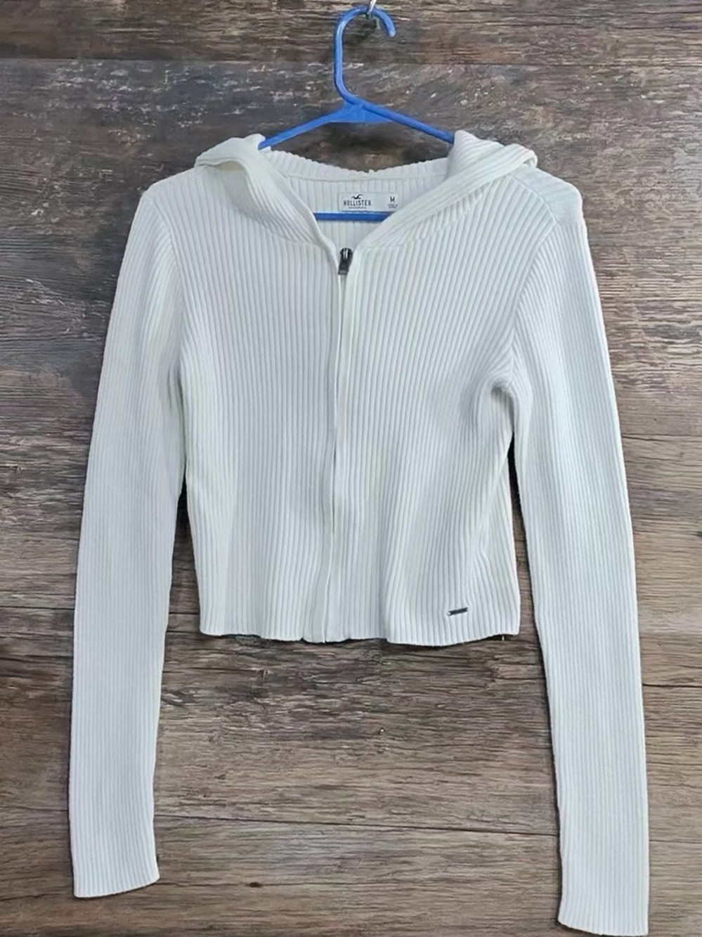 Hollister Ribbed Zip Hoodie Sweater in Ivory